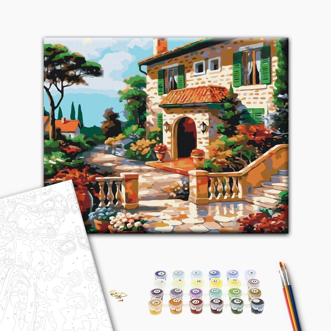 Sonnige Villa - Malen nach Zahlen Bild auf Leinwand mit Pinseln und Farben