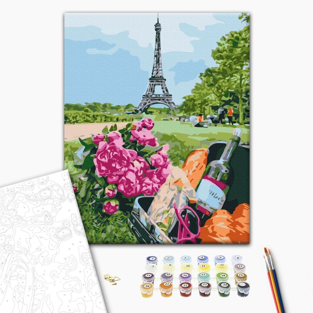 Picknick auf den Champs-Élysées - Malen nach Zahlen Bild auf Leinwand mit Pinseln und Farben