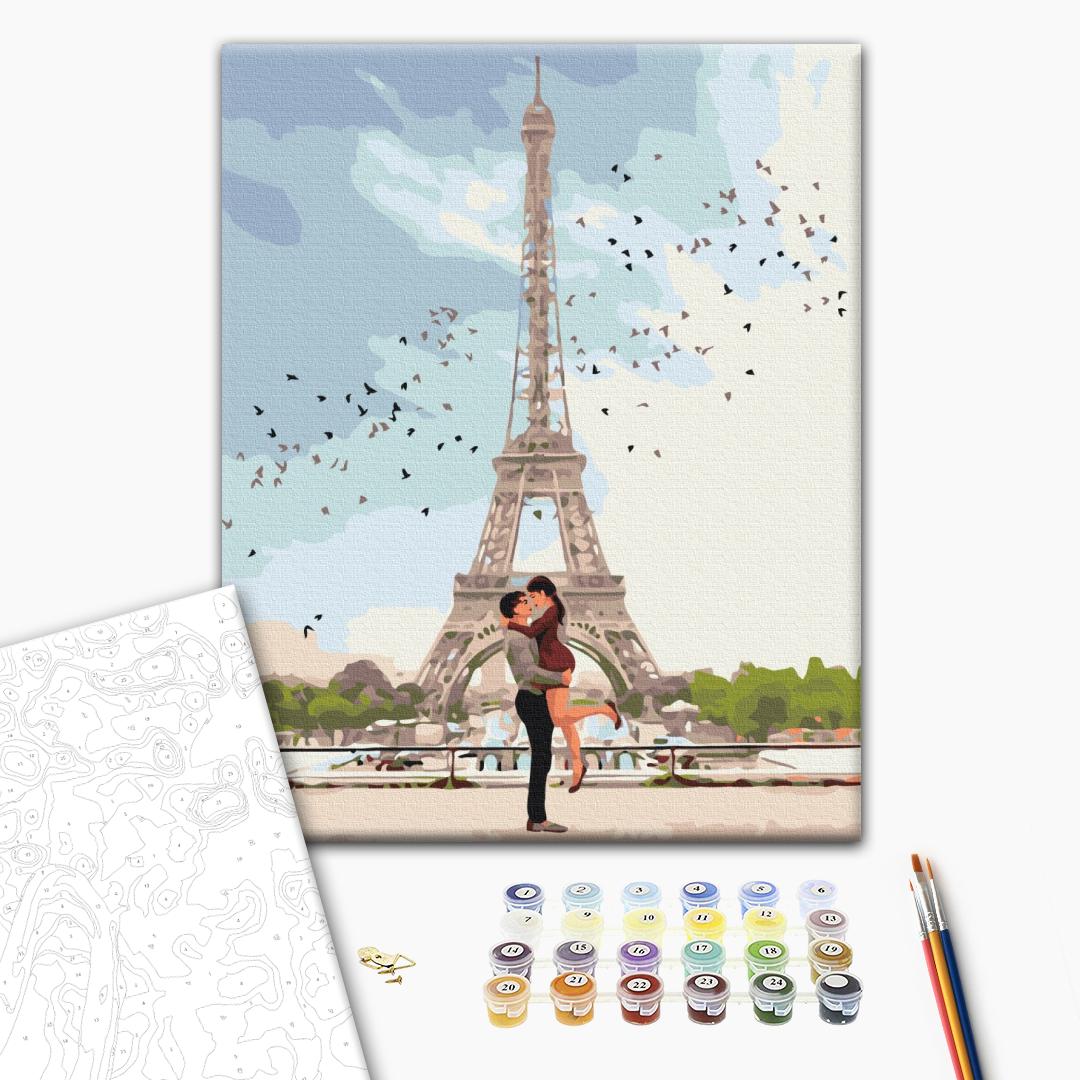 Paris, die Stadt der Liebe - Malen nach Zahlen Bild auf Leinwand mit Pinseln und Farben