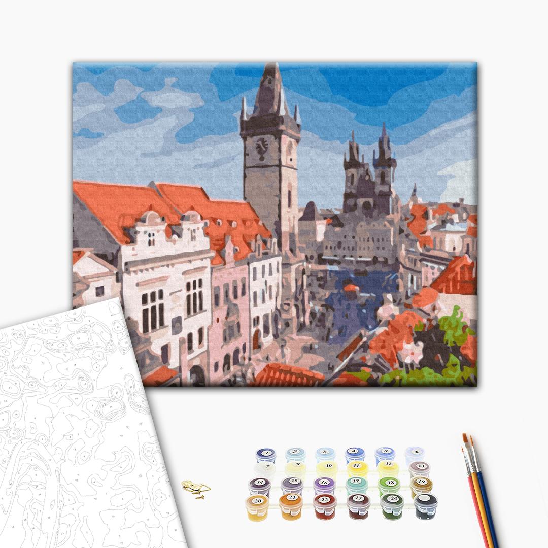 Der Blick auf Prag - Malen nach Zahlen Bild auf Leinwand mit Pinseln und Farben