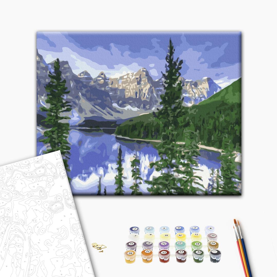 Die Landschaft Berge - Malen nach Zahlen Bild auf Leinwand mit Pinseln und Farben
