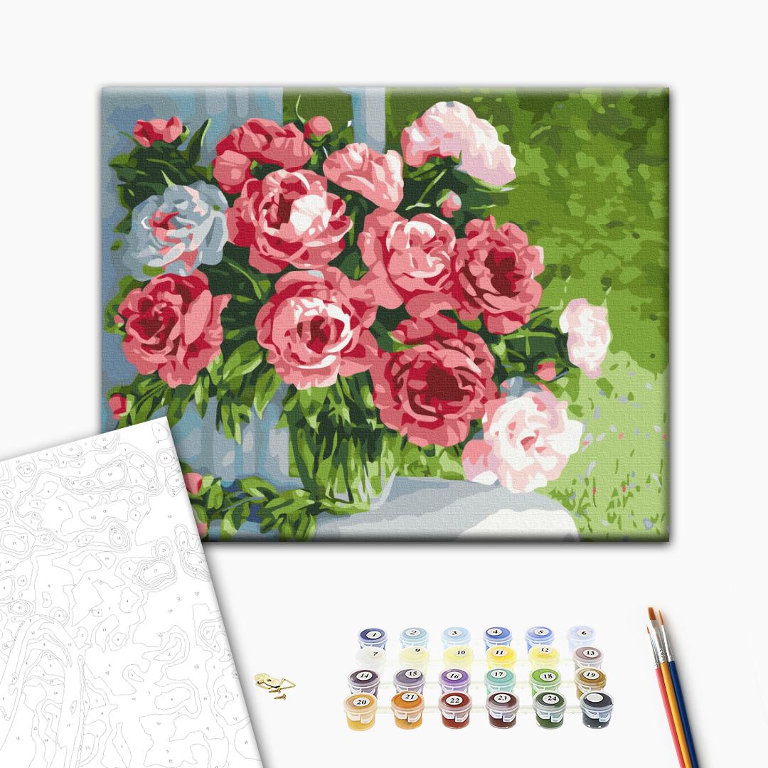 Rosa Pfingstrosen - Malen nach Zahlen Bild auf Leinwand mit Pinseln und Farben