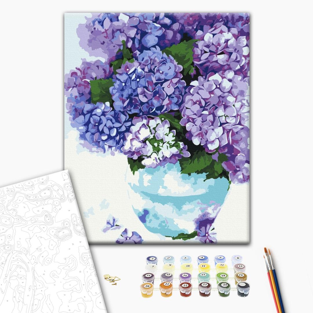 Hortensie in einem himmlischen Topf - Malen nach Zahlen Bild auf Leinwand mit Pinseln und Farben
