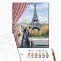 Paris aus dem Fenster - Malen nach Zahlen Bild auf Leinwand mit Pinseln und Farben