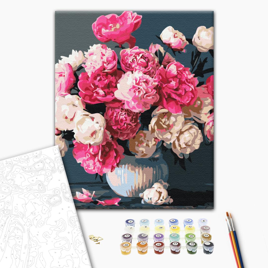 Ein Strauß rosa Freuden - Malen nach Zahlen Bild auf Leinwand mit Pinseln und Farben