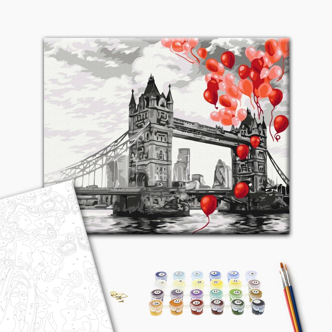 Luftballons über der Tower Bridge - Malen nach Zahlen Bild auf Leinwand mit Pinseln und Farben