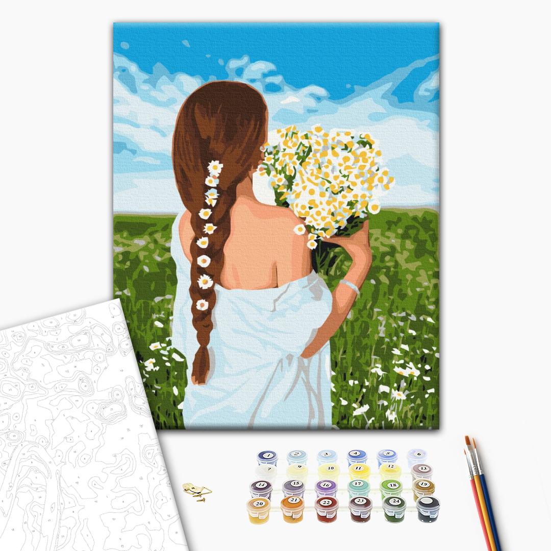 Mädchen mit Gänseblümchen - Malen nach Zahlen Bild auf Leinwand mit Pinseln und Farben
