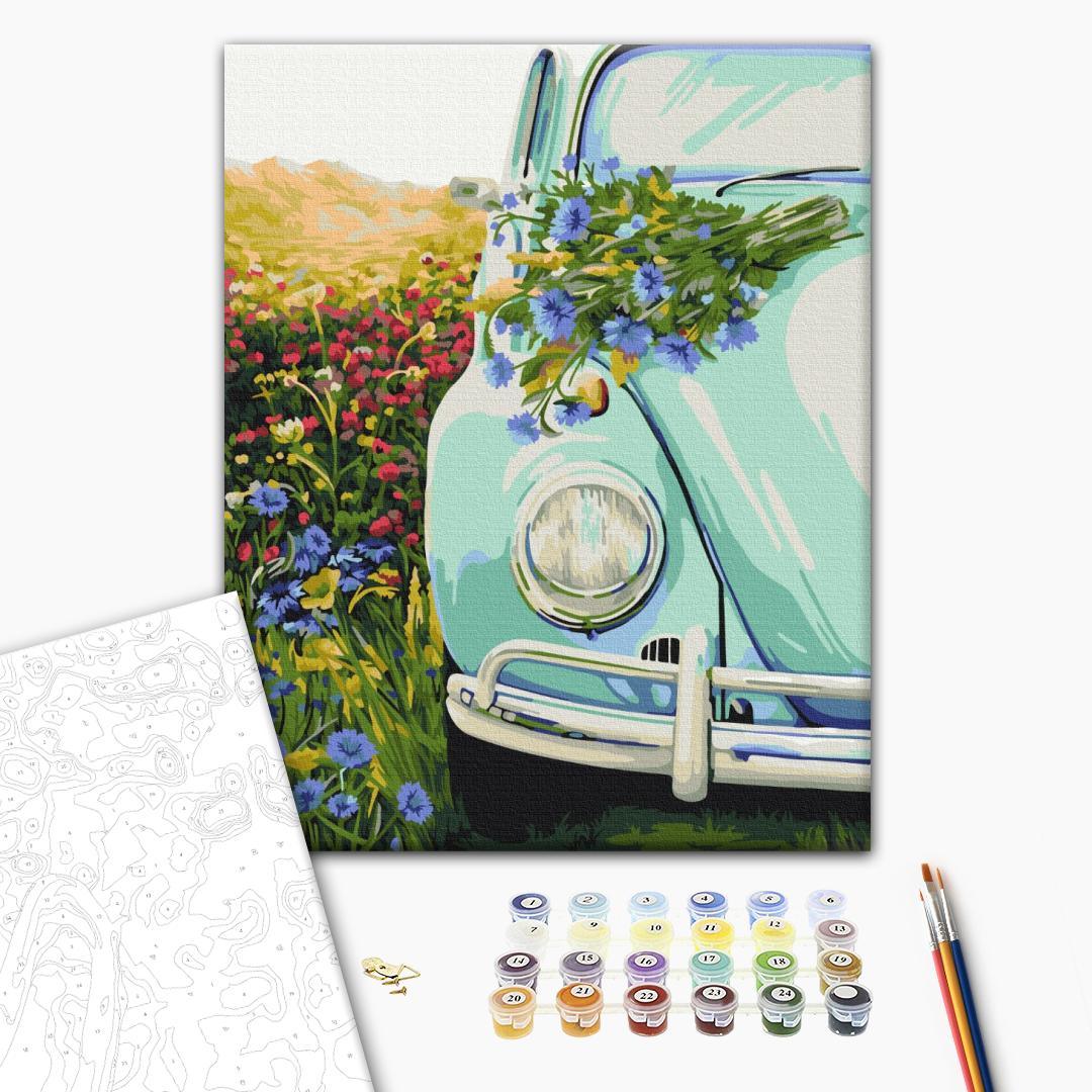 Retro im Feld - Malen nach Zahlen Bild auf Leinwand mit Pinseln und Farben