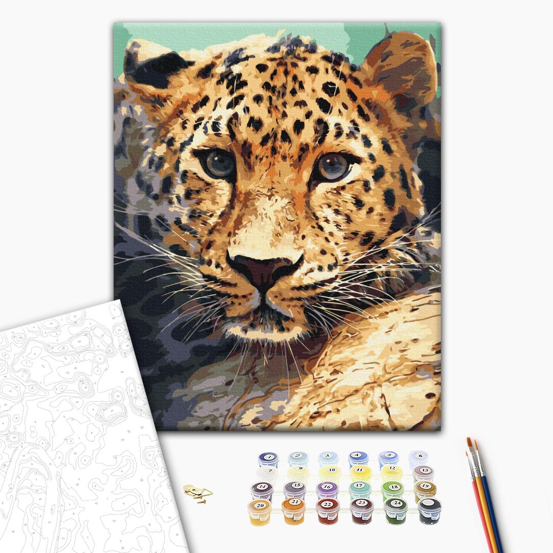 Porträt eines Leoparden - Malen nach Zahlen Bild auf Leinwand mit Pinseln und Farben