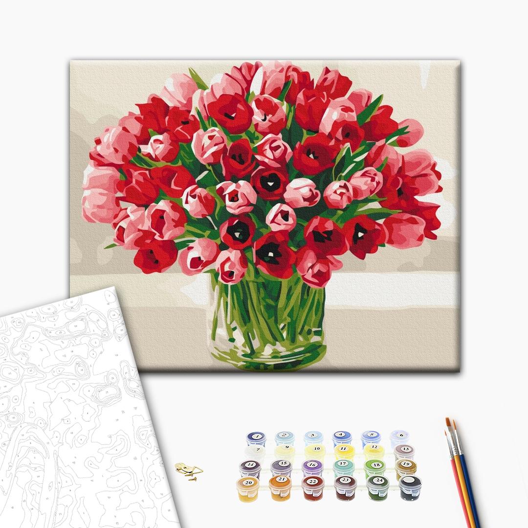 Tulpen für einen geliebten Menschen - Malen nach Zahlen Bild auf Leinwand mit Pinseln und Farben
