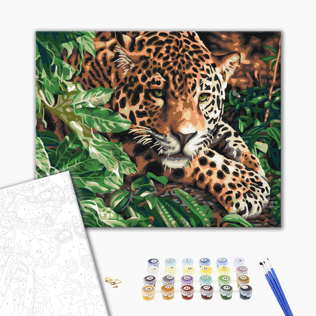 Der Leopard mit smaragdgrünen Augen - Malen nach Zahlen Bild auf Leinwand mit Pinseln und Farben