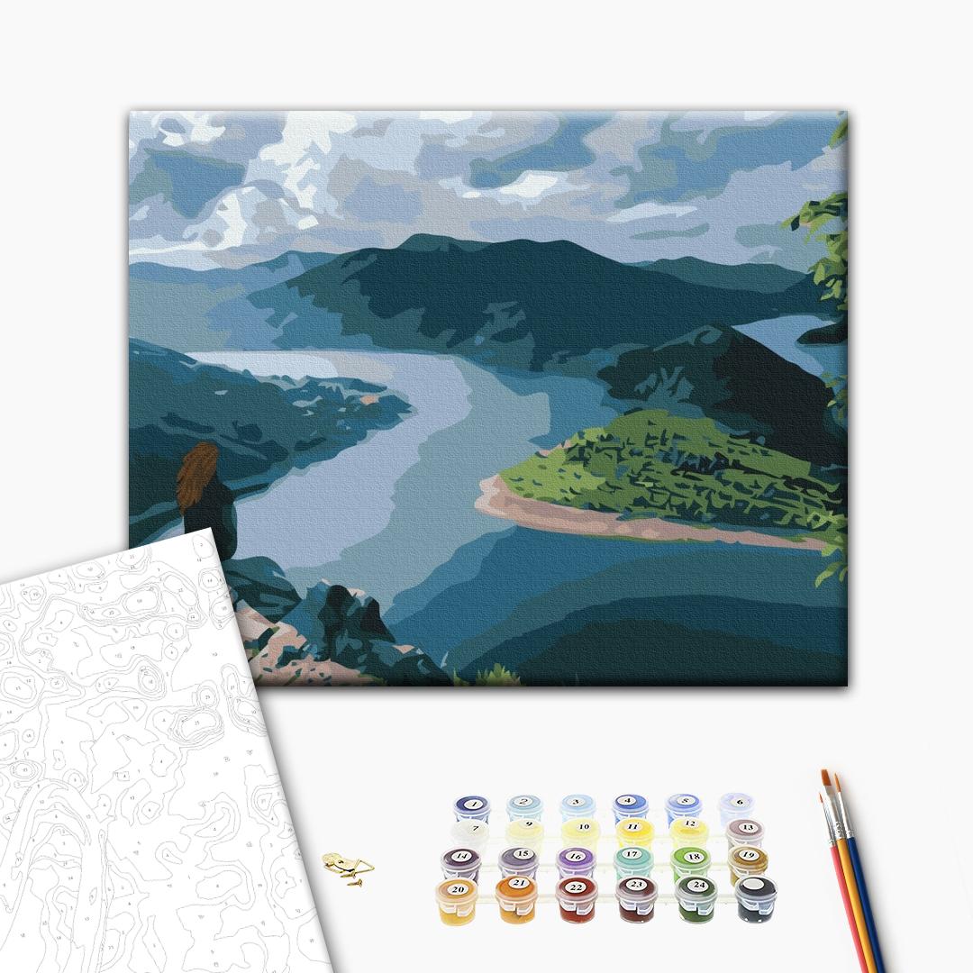 Eine Reisende am Rande der Welt - Malen nach Zahlen Bild auf Leinwand mit Pinseln und Farben