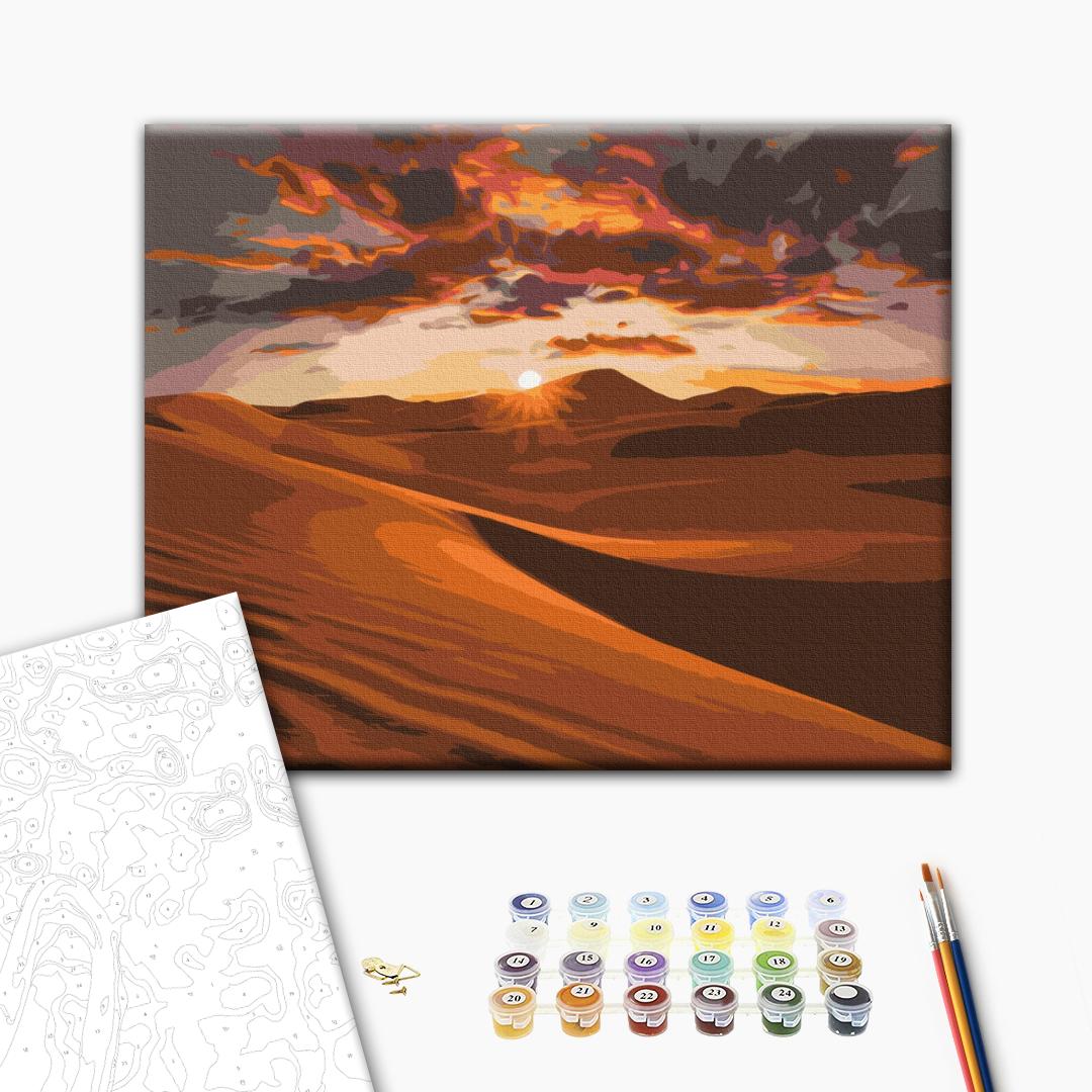 Sonnenuntergang in der Wüste - Malen nach Zahlen Bild auf Leinwand mit Pinseln und Farben