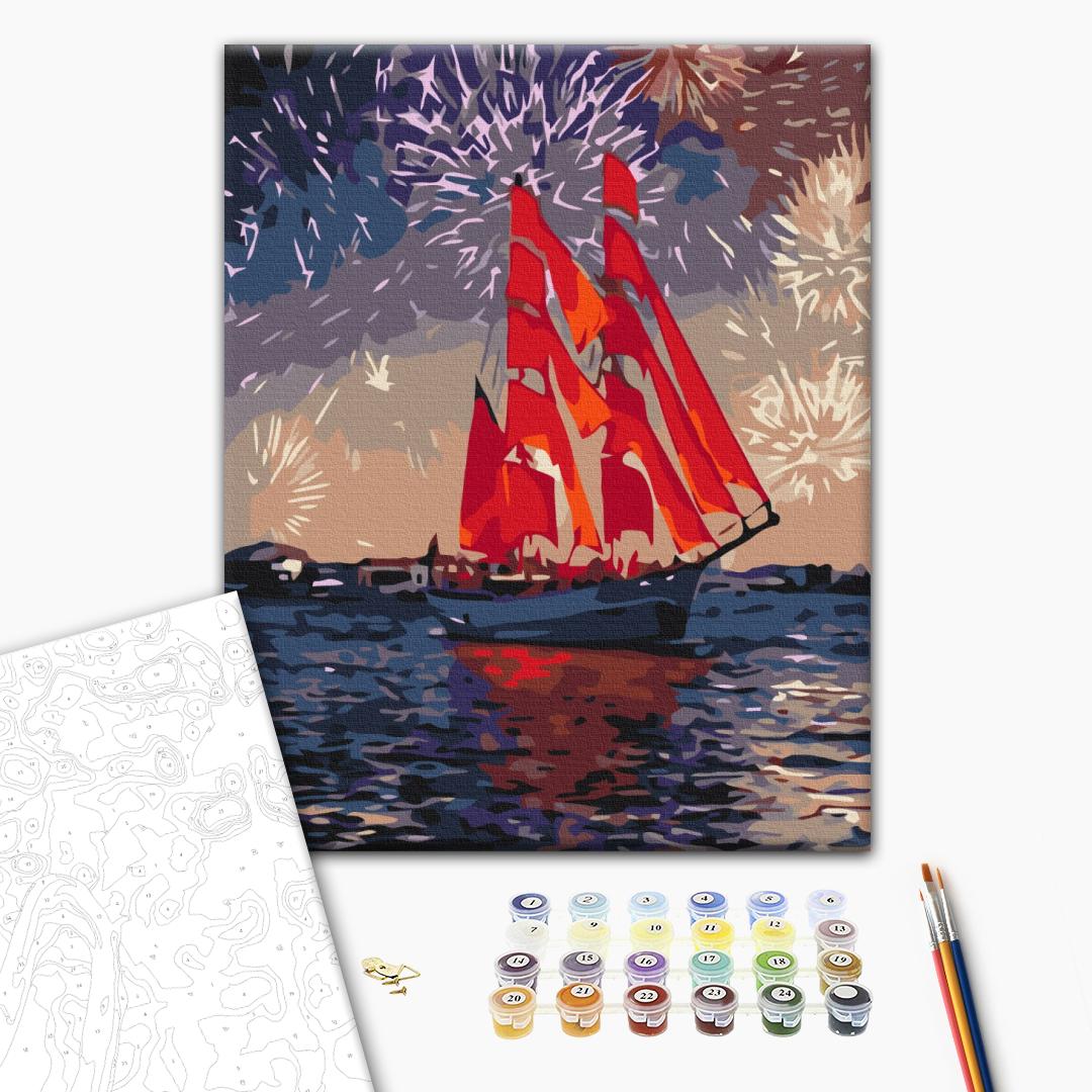 Segelboot unter Feuerwerk - Malen nach Zahlen Bild auf Leinwand mit Pinseln und Farben