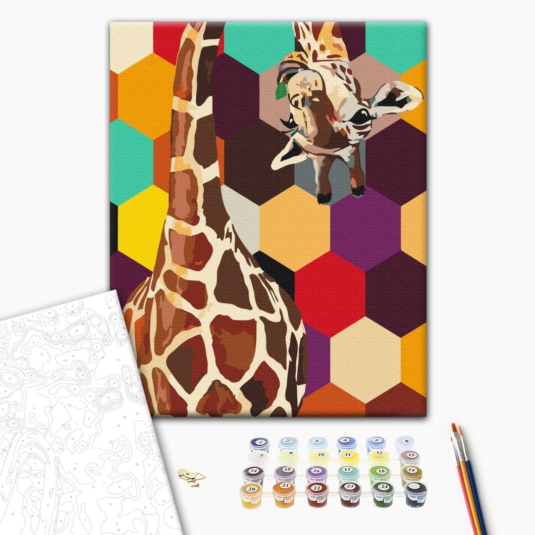Giraffe in einem Mosaik - Malen nach Zahlen Bild auf Leinwand mit Pinseln und Farben