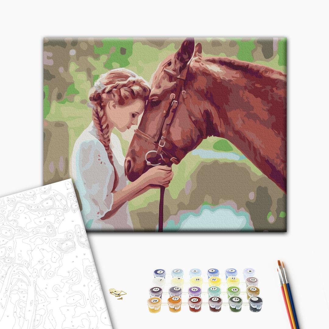 Mädchen mit Pferd - Malen nach Zahlen Bild auf Leinwand mit Pinseln und Farben