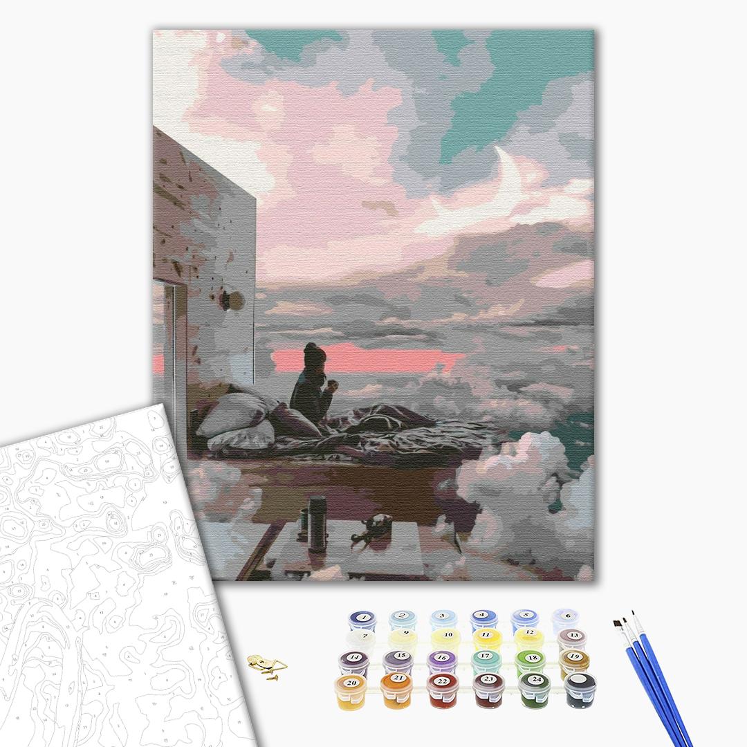 Ein Haus in den Wolken - Malen nach Zahlen Bild auf Leinwand mit Pinseln und Farben