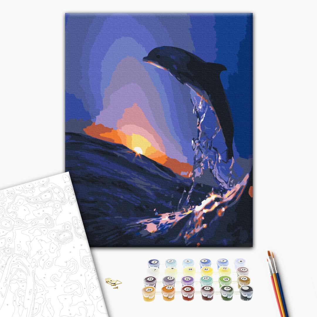 Sonnenuntergang des Delfins - Malen nach Zahlen Bild auf Leinwand mit Pinseln und Farben