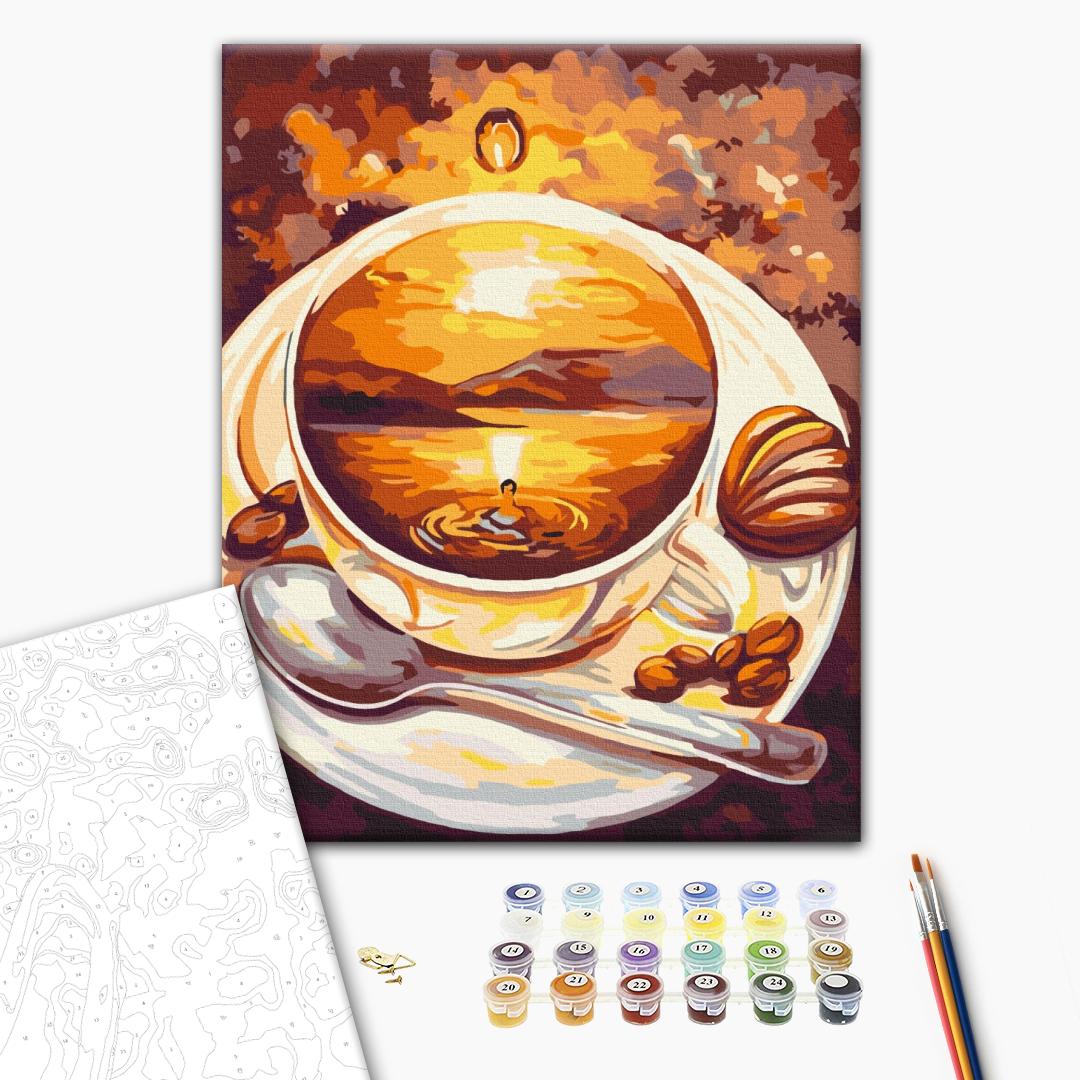 Sonnenaufgang in einer Tasse - Malen nach Zahlen Bild auf Leinwand mit Pinseln und Farben