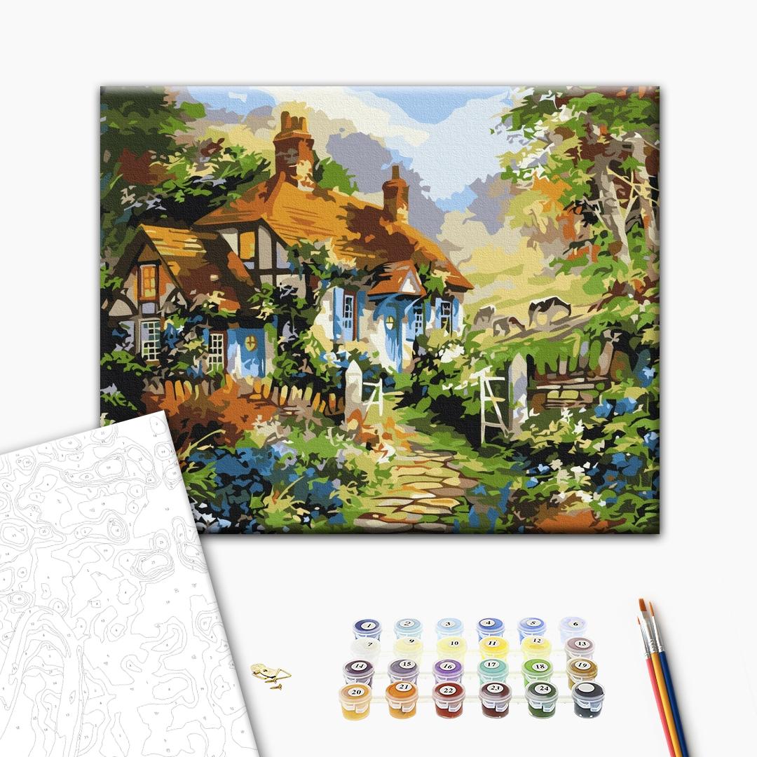Sommerhaus - Malen nach Zahlen Bild auf Leinwand mit Pinseln und Farben
