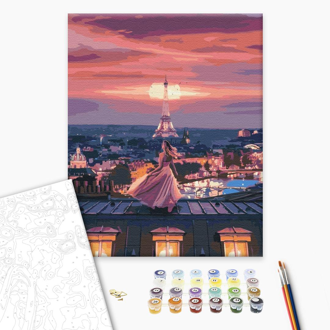 Fantastischer Abend in Paris - Malen nach Zahlen Bild auf Leinwand mit Pinseln und Farben