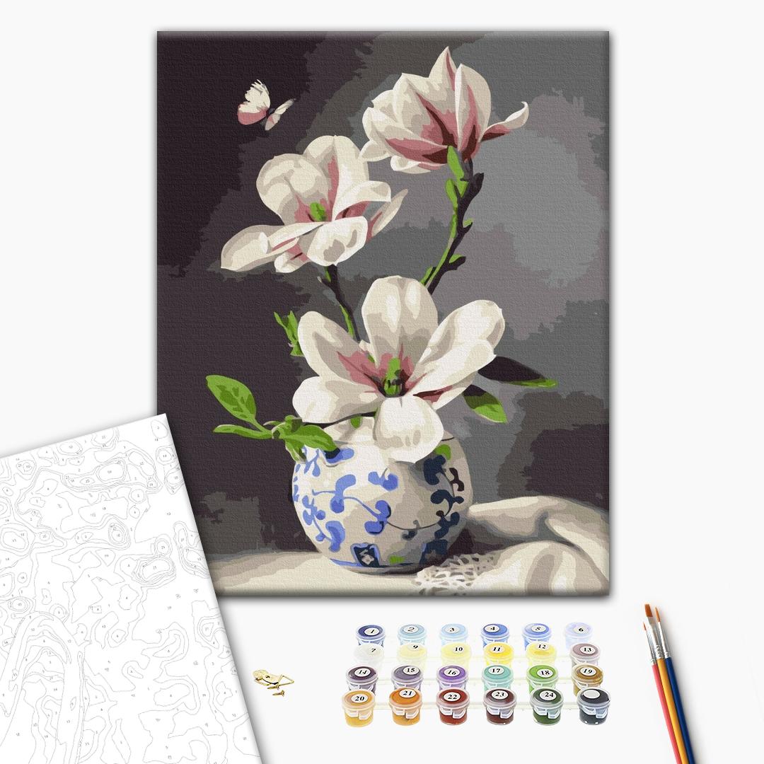 Stillleben mit einer Orchidee - Malen nach Zahlen Bild auf Leinwand mit Pinseln und Farben