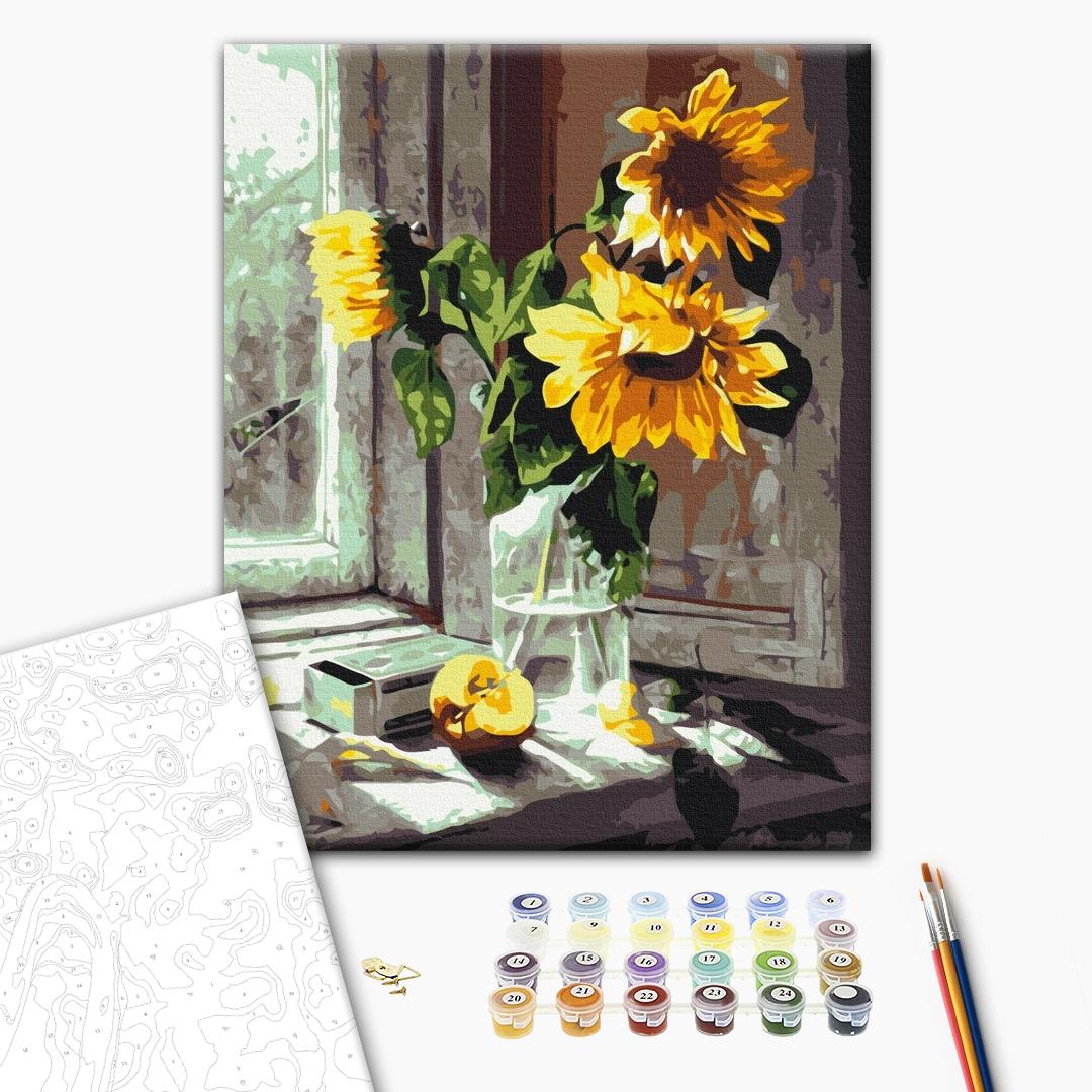 Ein Strauß Sonnenblumen - Malen nach Zahlen Bild auf Leinwand mit Pinseln und Farben