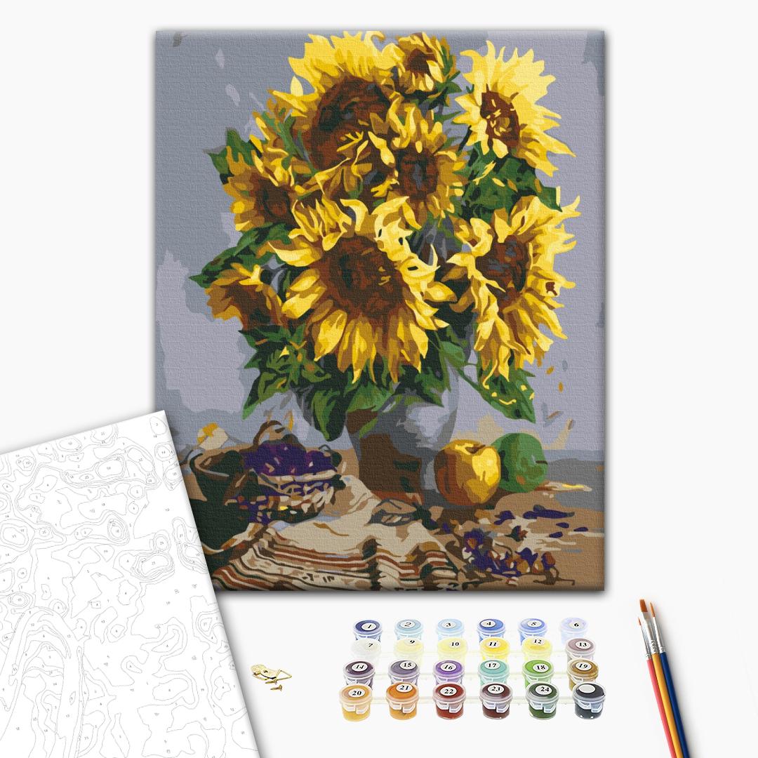 Stillleben mit einem Strauß Sonnenblumen - Malen nach Zahlen Bild auf Leinwand mit Pinseln und Farben