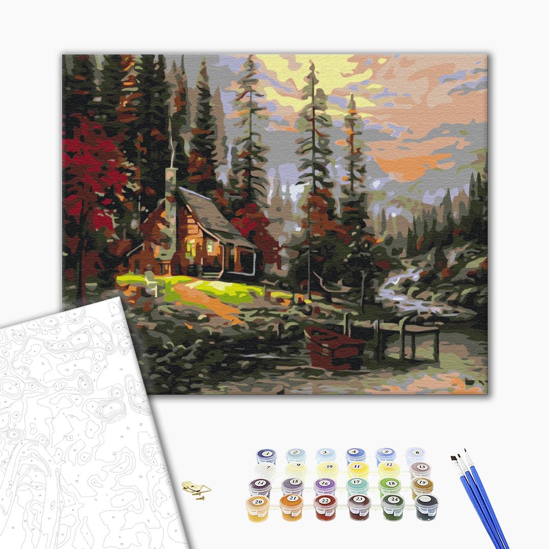 Ein Haus im Wald - Malen nach Zahlen Bild auf Leinwand mit Pinseln und Farben