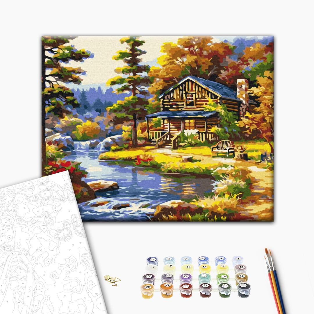 Haus am See - Malen nach Zahlen Bild auf Leinwand mit Pinseln und Farben