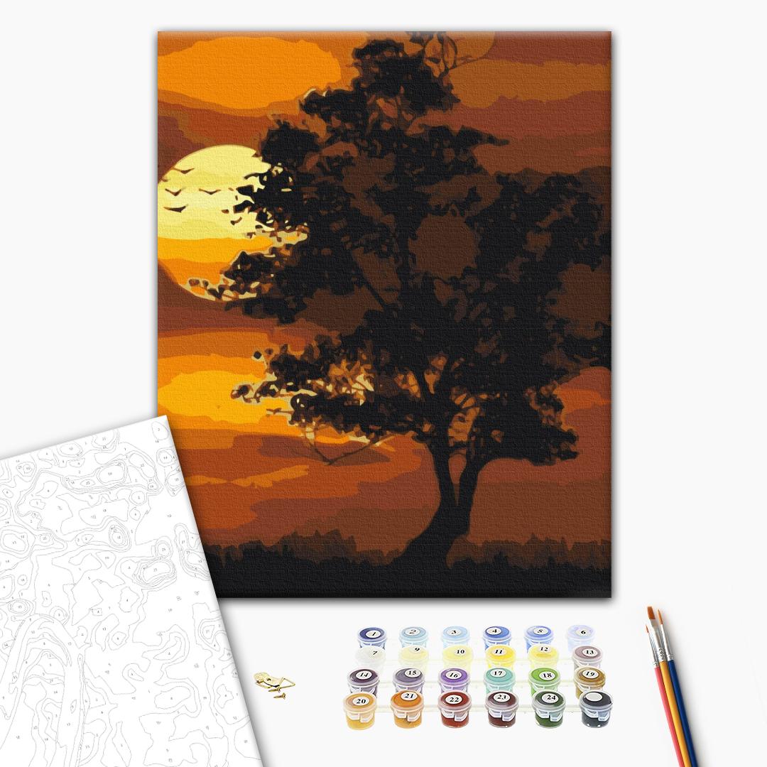 Flammender Sonnenuntergang - Malen nach Zahlen Bild auf Leinwand mit Pinseln und Farben