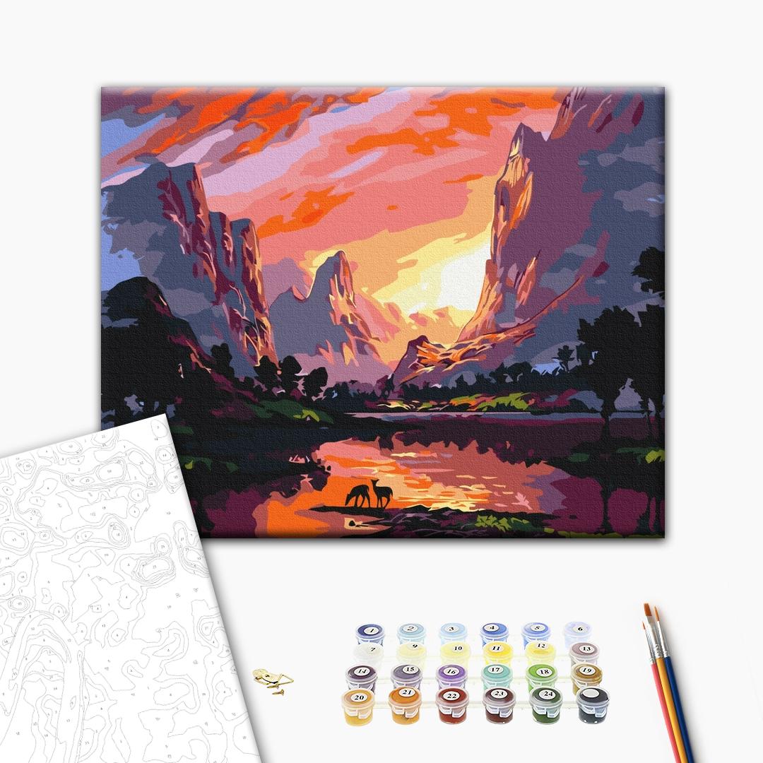 Sonnenuntergang in den Bergen - Malen nach Zahlen Bild auf Leinwand mit Pinseln und Farben