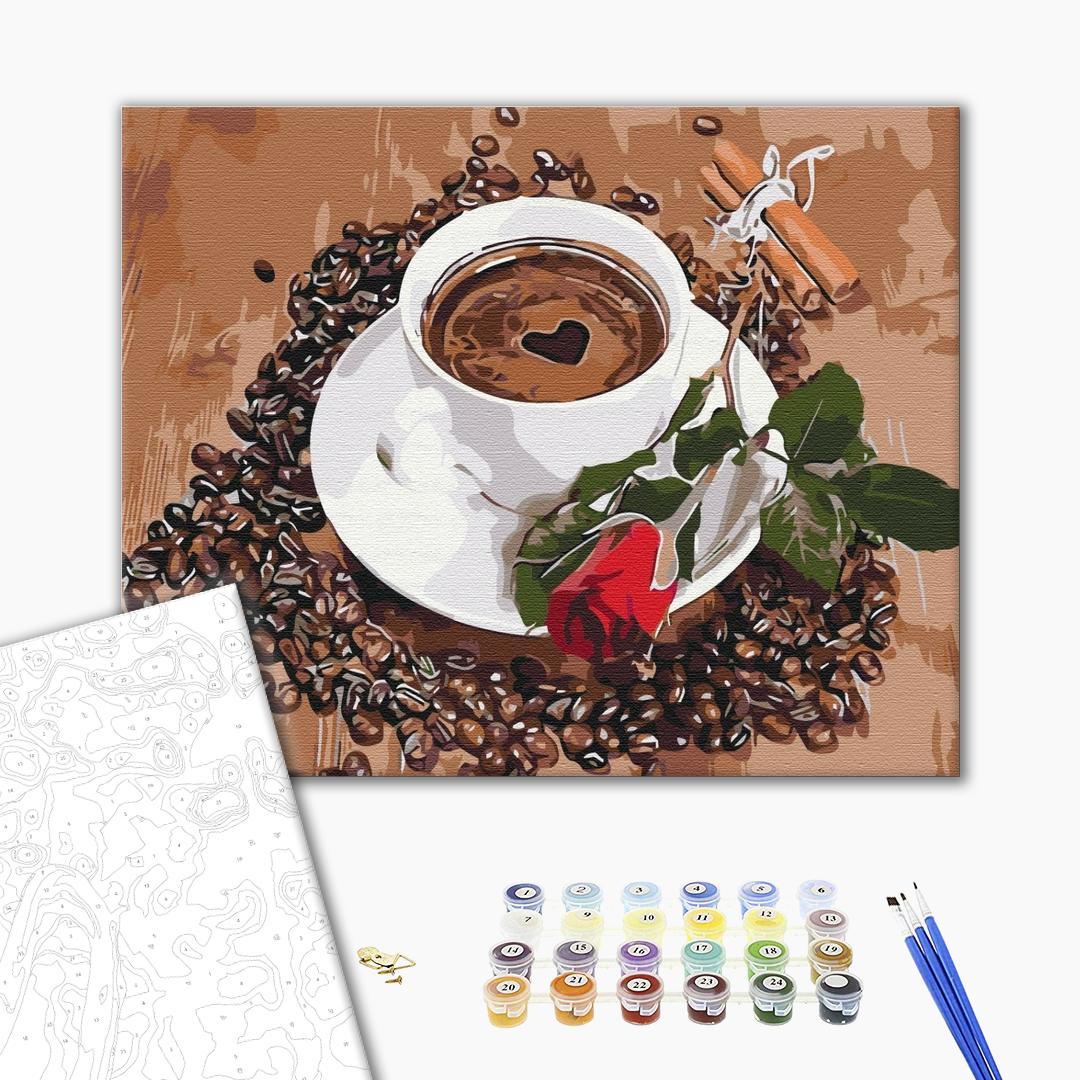 Kaffee mit Rose - Malen nach Zahlen Bild auf Leinwand mit Pinseln und Farben