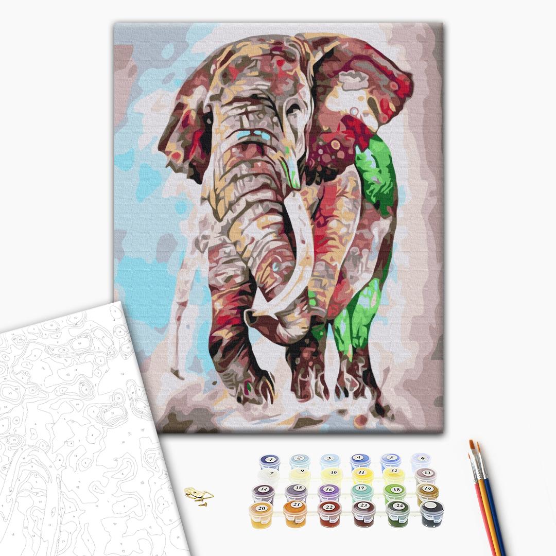 Regenbogenelefant - Malen nach Zahlen Bild auf Leinwand mit Pinseln und Farben