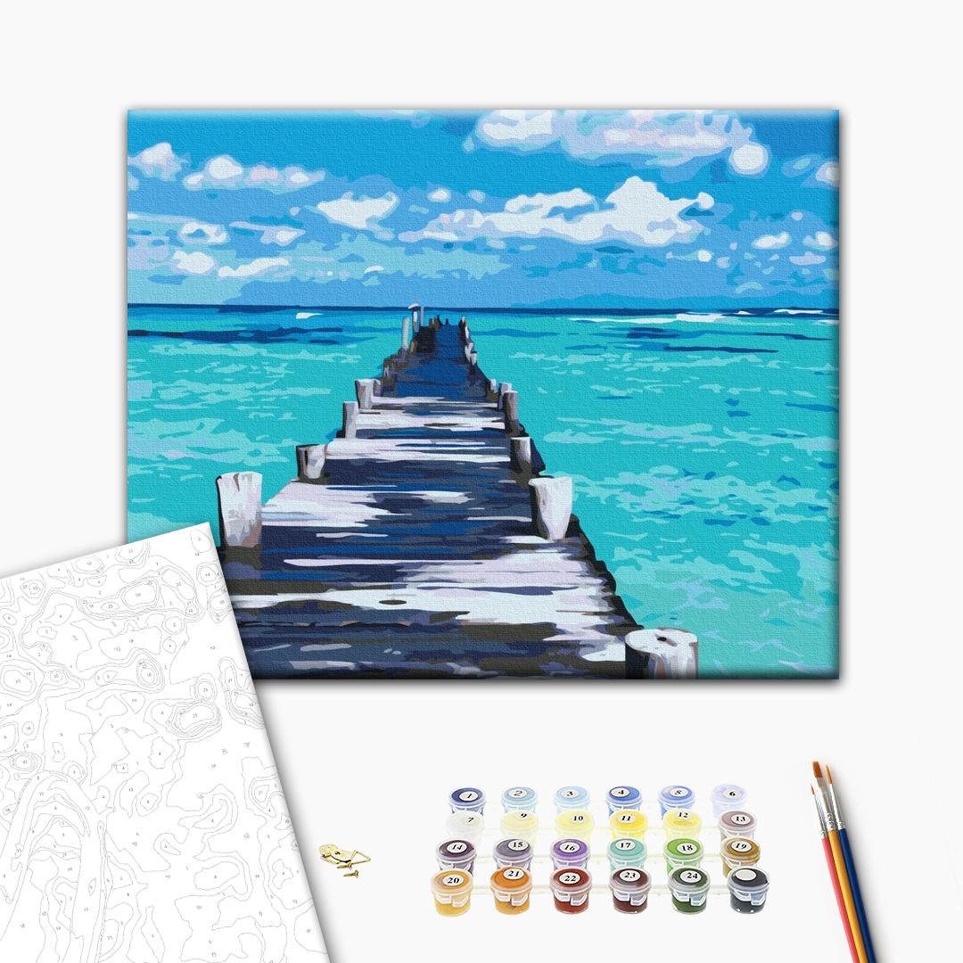 Azurblaue Straße - Malen nach Zahlen Bild auf Leinwand mit Pinseln und Farben