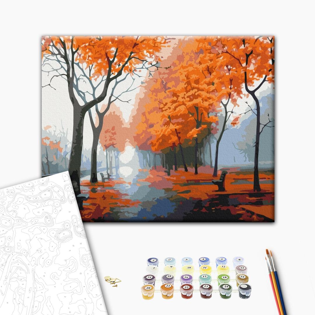 Herbstliche Allee - Malen nach Zahlen Bild auf Leinwand mit Pinseln und Farben
