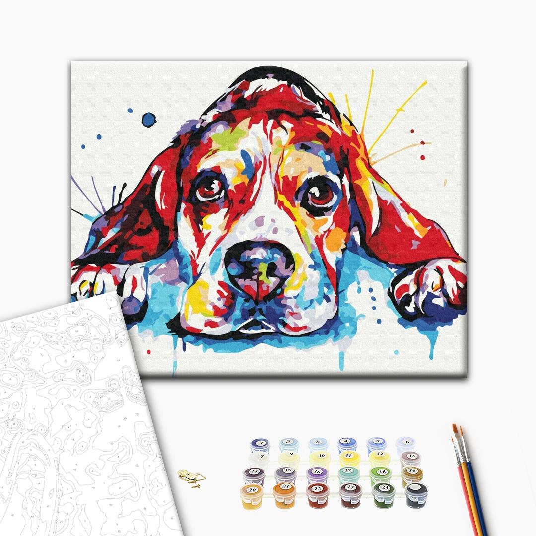 Regenbogen Hund - Malen nach Zahlen Bild auf Leinwand mit Pinseln und Farben