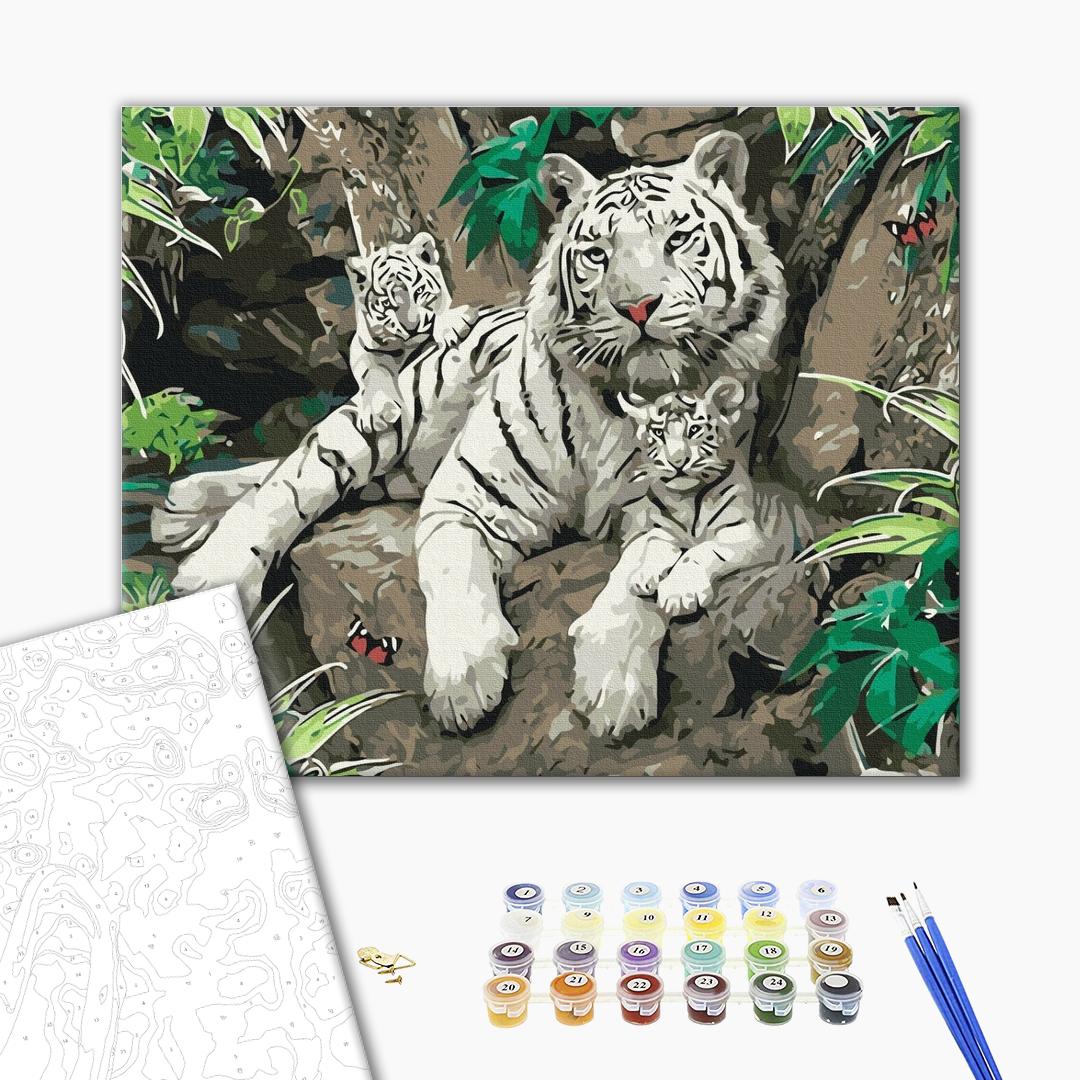 Familie der Tiger - Malen nach Zahlen Bild auf Leinwand mit Pinseln und Farben