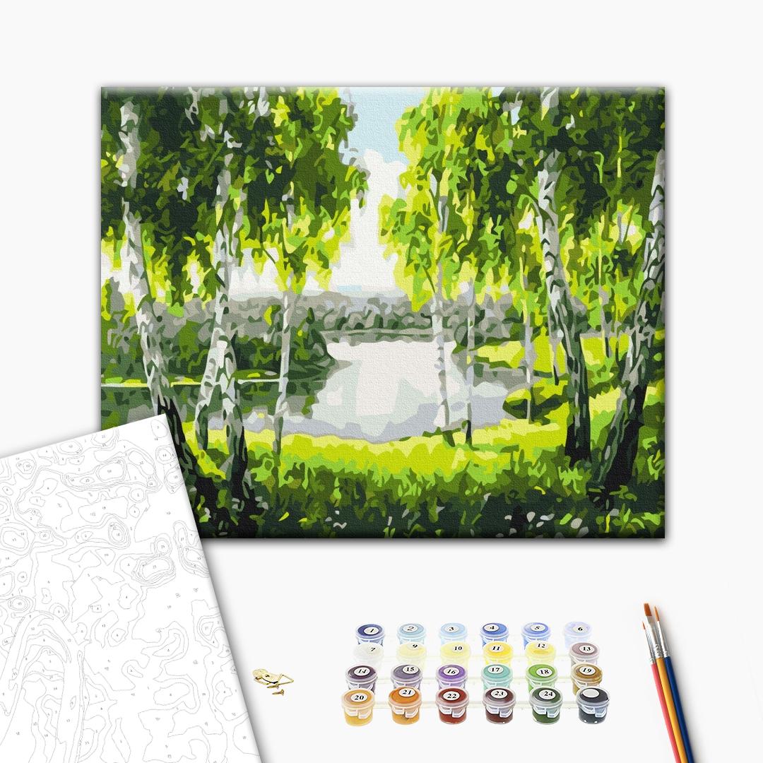 Birken - Malen nach Zahlen Bild auf Leinwand mit Pinseln und Farben