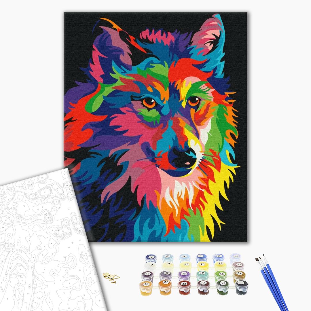 Regenbogen Wolf - Malen nach Zahlen Bild auf Leinwand mit Pinseln und Farben
