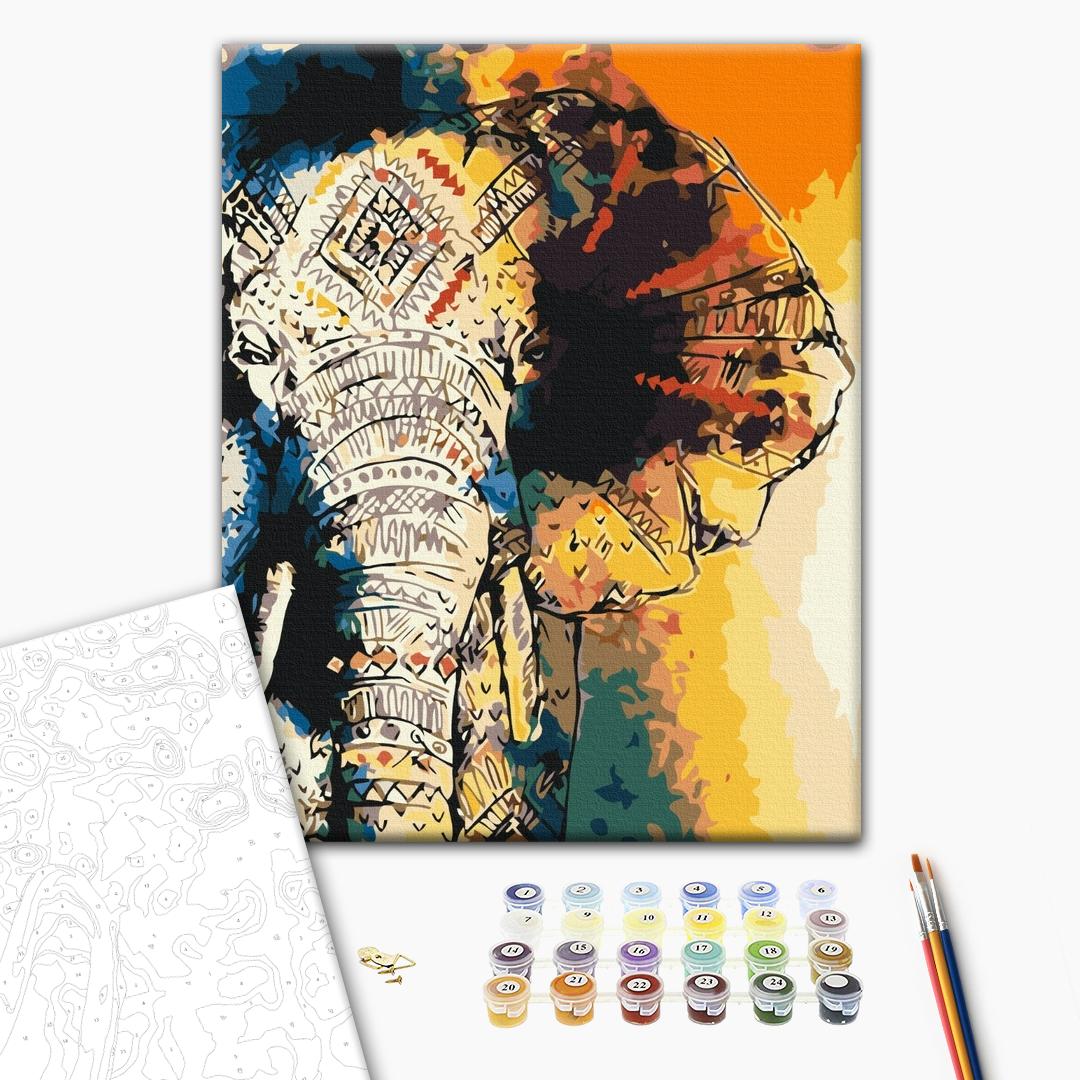 Elefantenmuster - Malen nach Zahlen Bild auf Leinwand mit Pinseln und Farben