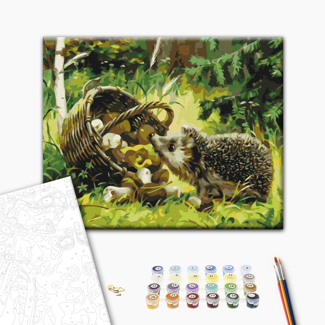 Glücklicher Igel - Malen nach Zahlen Bild auf Leinwand mit Pinseln und Farben