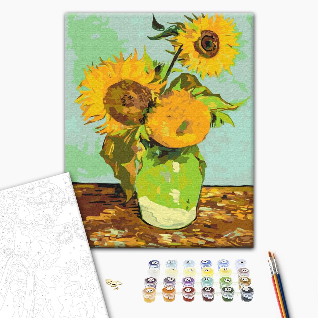 Drei Sonnenblumen in einer Vase von Vincent van Gogh - Malen nach Zahlen Bild auf Leinwand mit Pinseln und Farben