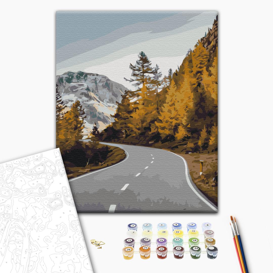 Landschaftsstraße - Malen nach Zahlen Bild auf Leinwand mit Pinseln und Farben