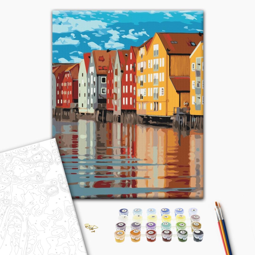 Farbige Häuser - Malen nach Zahlen Bild auf Leinwand mit Pinseln und Farben