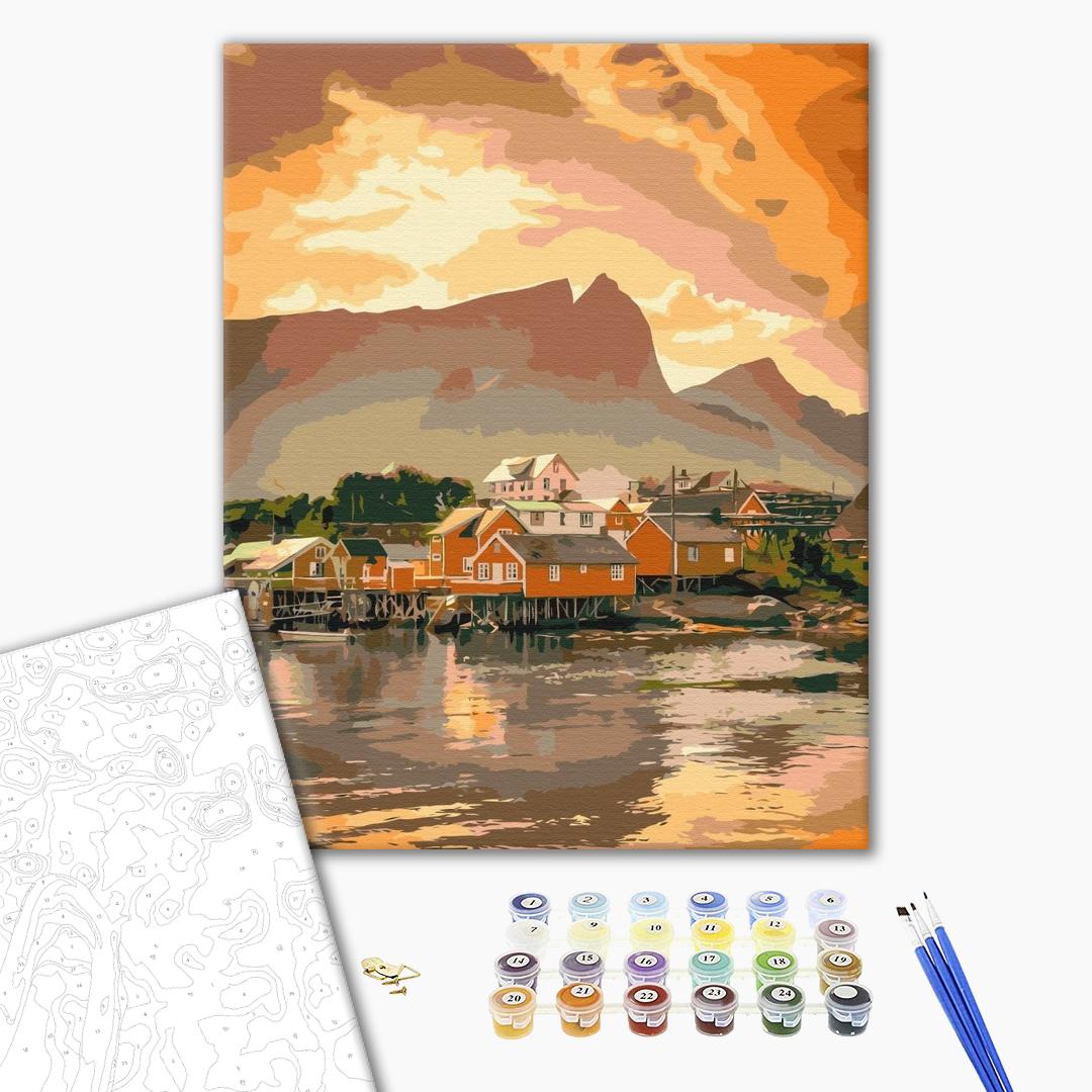Gemütlicher Sonnenuntergang in Norwegen - Malen nach Zahlen Bild auf Leinwand mit Pinseln und Farben