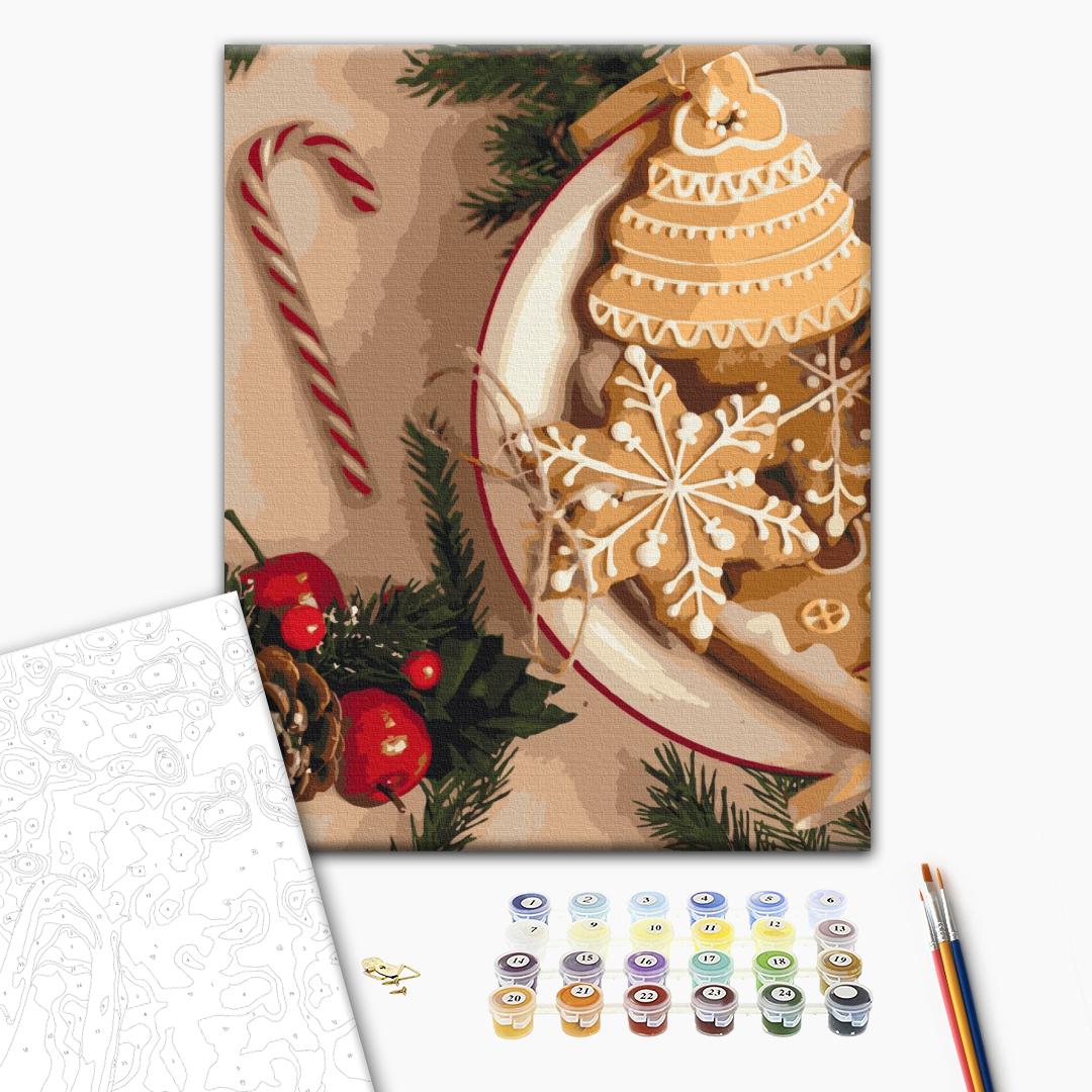 Kekse zu Weihnachten - Malen nach Zahlen Bild auf Leinwand mit Pinseln und Farben