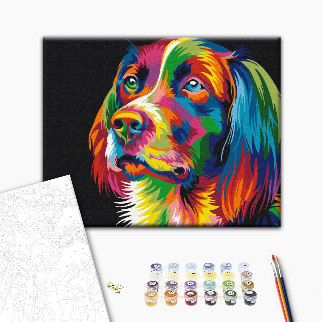 Regenbogenhund - Malen nach Zahlen Bild auf Leinwand mit Pinseln und Farben