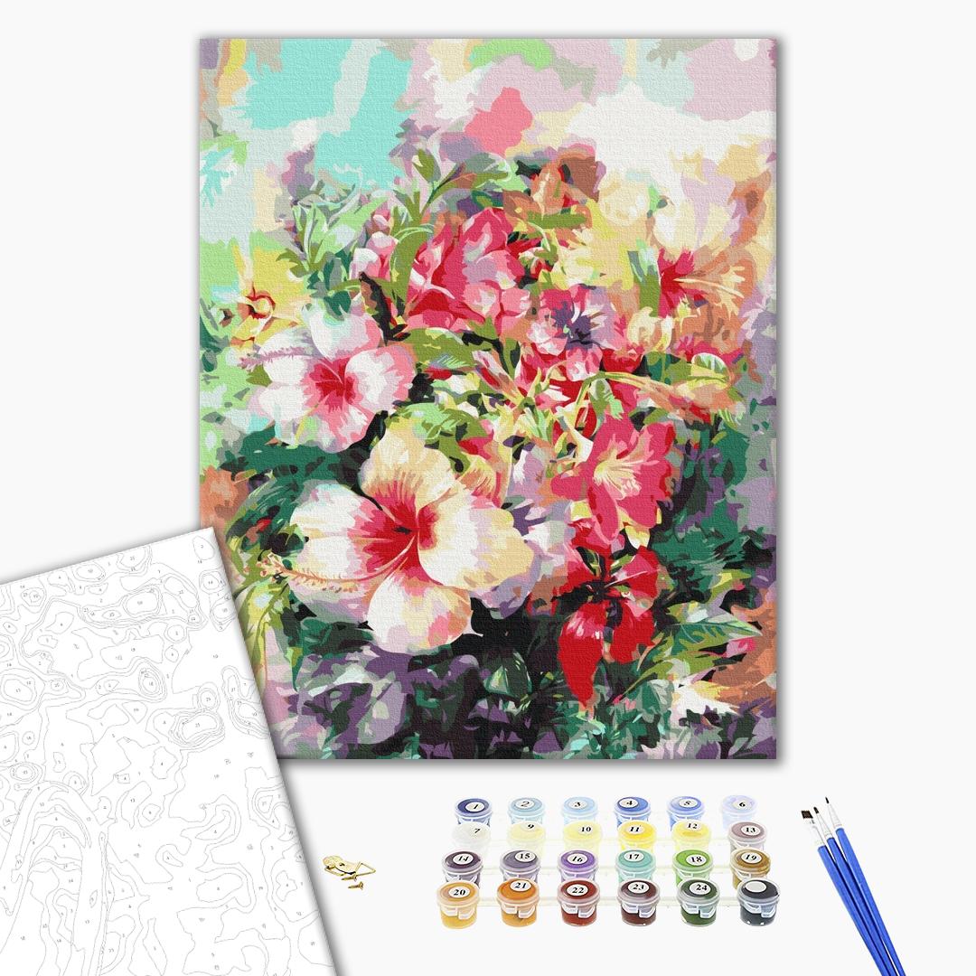 Fantasieblumen - Malen nach Zahlen Bild auf Leinwand mit Pinseln und Farben