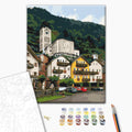 Die Bergstadt - Malen nach Zahlen Bild auf Leinwand mit Pinseln und Farben